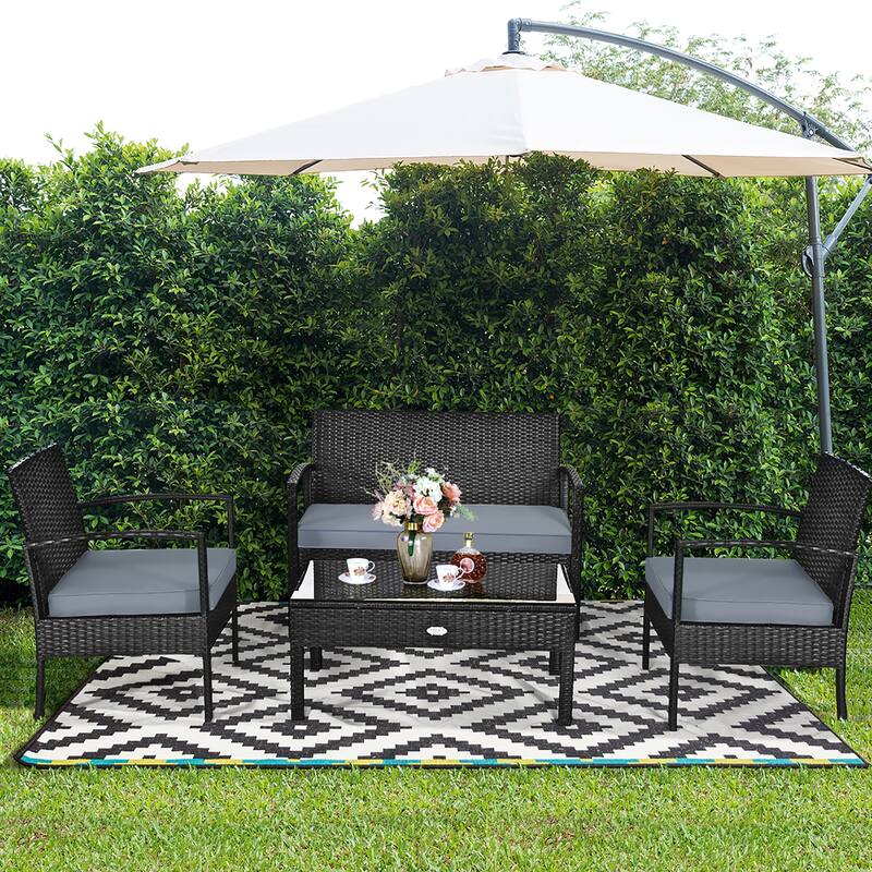 Costway 4PCS Patio Rattan Wicker Furniture Set Loveseat Sofa Cushioned - See Details