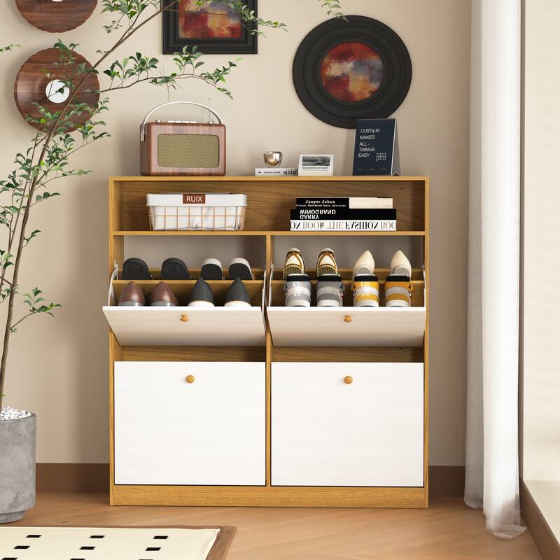 Shoe Storage Cabinet with 4 Flip Drawers, Freestanding Shoe Rack Organizer Cabinet, Shoe Cabinet with Adjustable Compartments