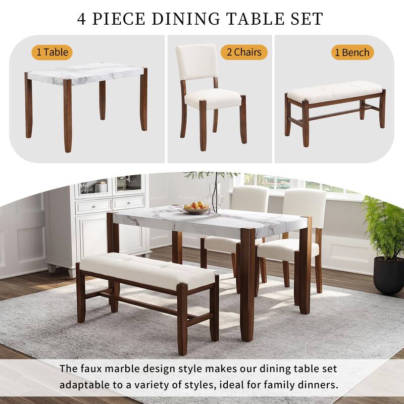 4-Piece Modern Dining Furniture Set, 46" Faux Marble Style Table and 2 Upholstered Chairs & Bench with Wood Legs
