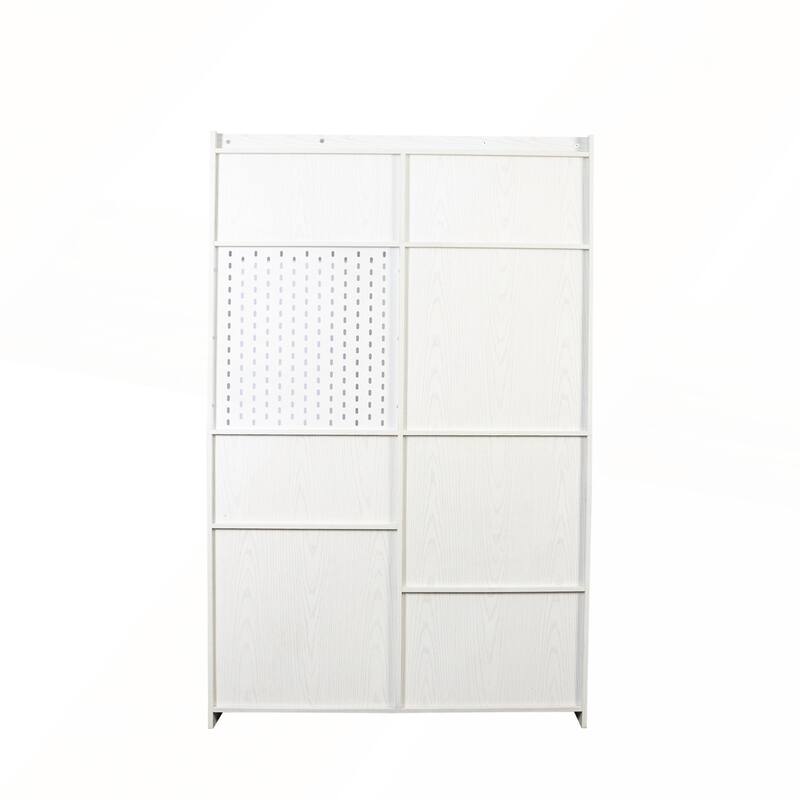 Modern Wide Wood Bookshelf and Bookcase with Pegboard and 9 Cubby Shelves for Living Room