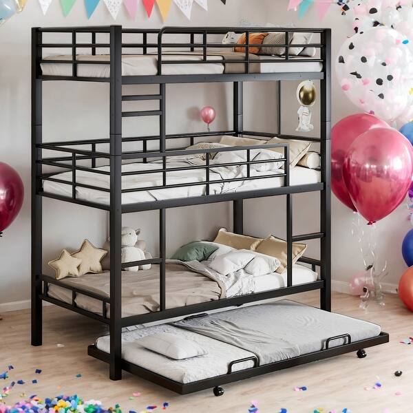 slide 2 of 25, Metal Twin Size Triple Bunk Bed With Trundle,Featuring Full-Length Guardrail,Low Bunk Design,Assembly Required,2 Color Antique Black