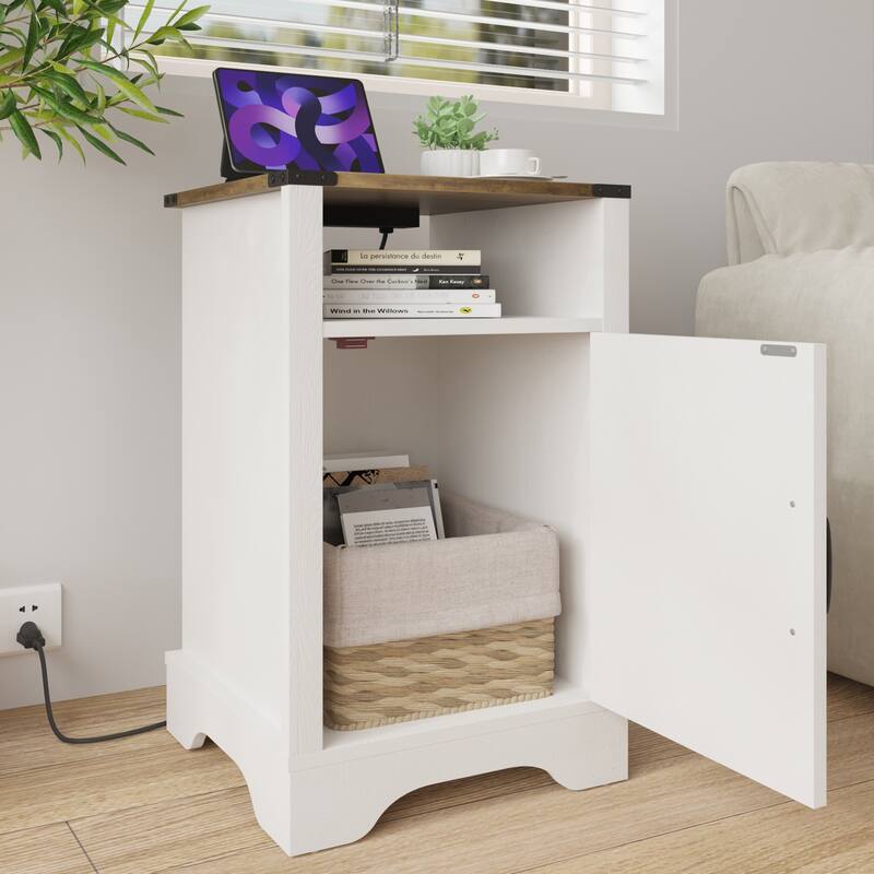 Farmhouse Nightstand Side Table,Wooden Rustic End Table, Tall Bedside Table with Electrical Outlets Charging Station