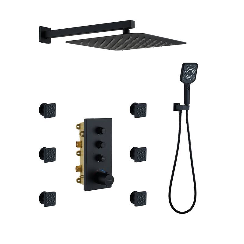 3 Functions 12 Inch Wall Mount Thermostatic Shower System in Matte Black - Black