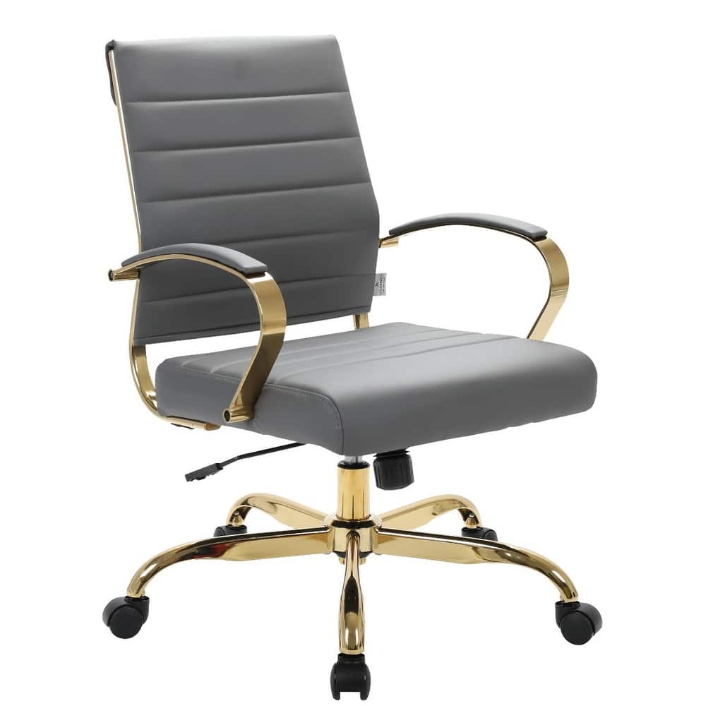 Benmar Ergonomic Leather Office Chair with Lumbar Support, Gold Steel Frame, Adjustable Height, Tilt Lock, & Smooth Casters
