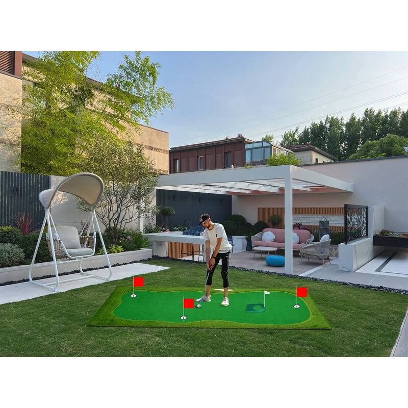 Putting Green Mat with Stainless Steel Cups & Adjustable Slope Challenge for Both Indoor & Outdoor