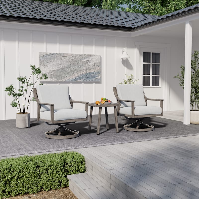 3-Piece Aluminum Patio Conversation Set with Swivel Chairs, End Table and Cushions