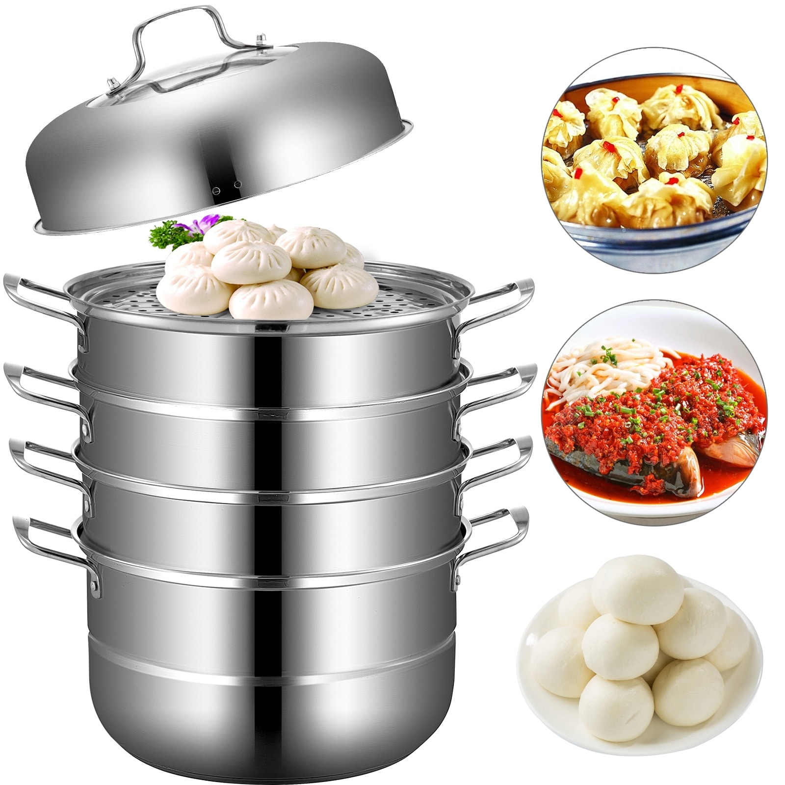 4PC/5PC STEAMER COOKER POT SET PAN COOK FOOD GLASS LIDS 3/4 TIER STAINLESS  STEEL