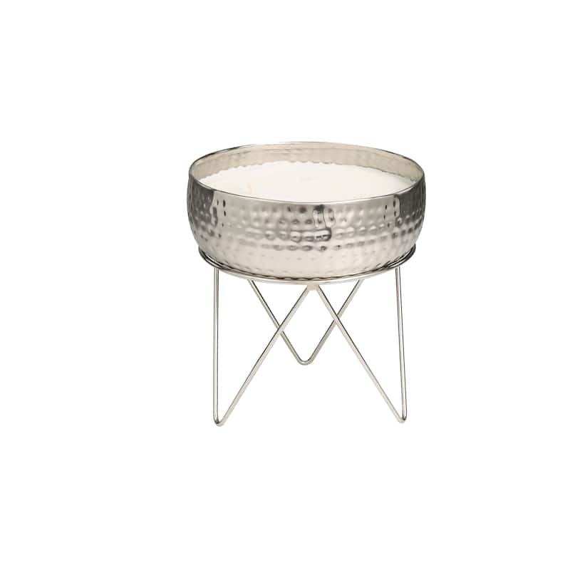 Silver Metal Campfire Scented Tall Hammered Wick Candle with White Wax