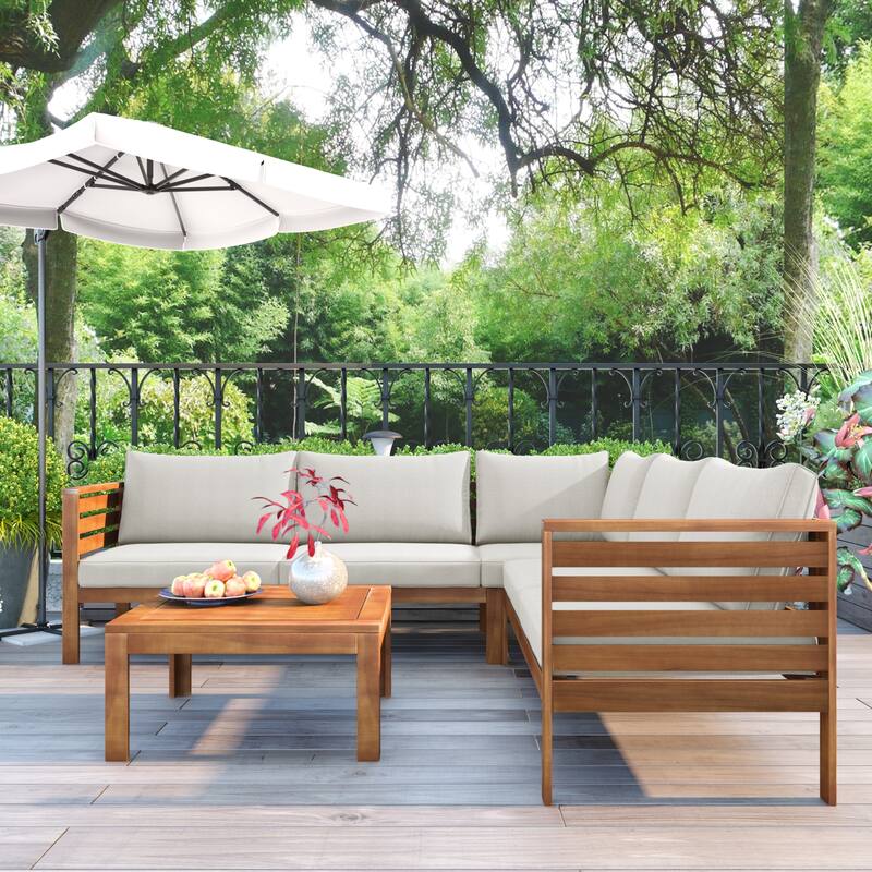 Roomfitters 3-Piece Outdoor Sectional Sofa Set with Coffee Table, Solid Wood Frame L-Shaped Patio Furniture