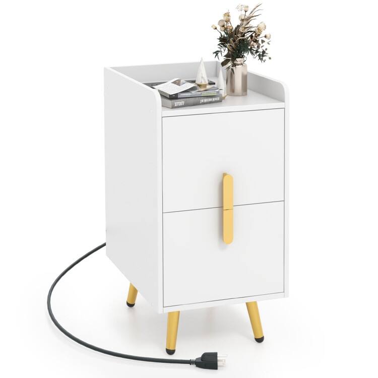 Bedside Table with Storage Drawers and USB Charging Station - White