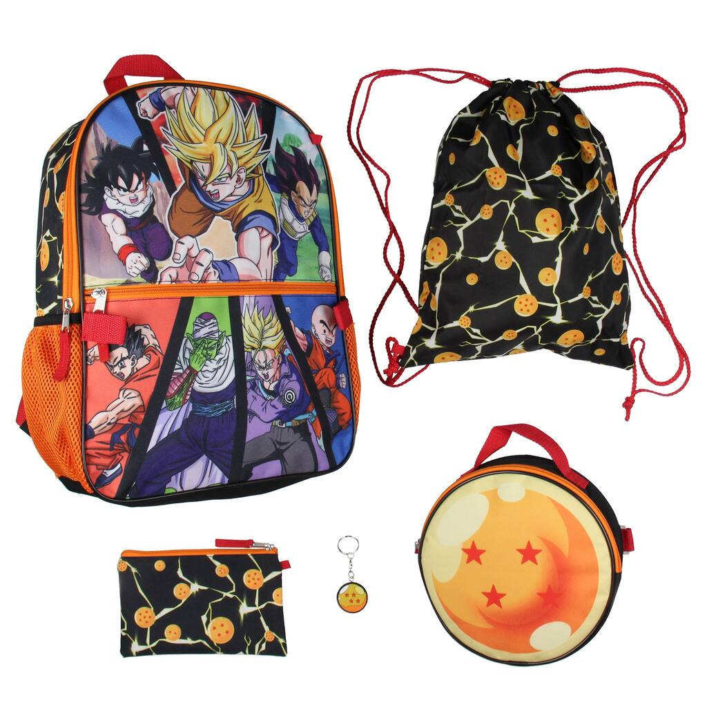 Dragon Ball Z Backpack Lunch Box Drawstring Bag Keychain Pencil Case 5 Pc Set - One Size
