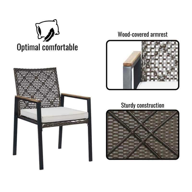 All Weather 5-Piece Patio Dining Table Set, Acacia Wood Top with Umbrella Hole, Rattan Outdoor Conversation Set