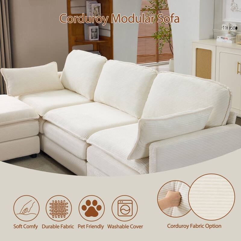 104" Modular 3 Seater Sofa with Ottoman,Beige Chenille Cushions and 2 Throw Pillows