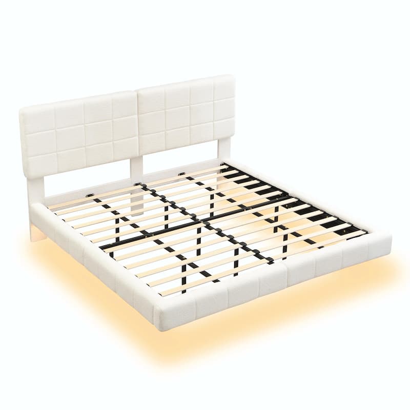 White Bouclé Floating Bed with Ambient Light