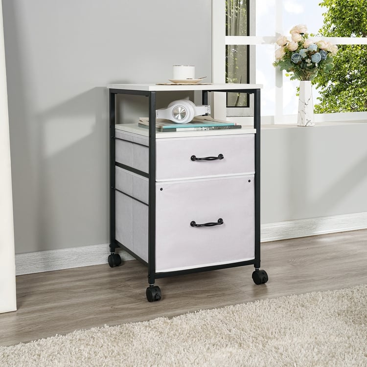 2 Drawer Mobile File Cabinet Rolling Printer Stand with Open Storage Shelf Fabric Vertical Filing Cabinet - White