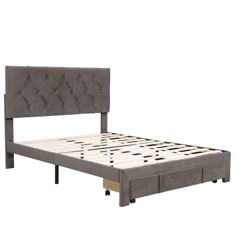 Storage Bed Velvet Upholstered Platform Bed with a Big Drawer