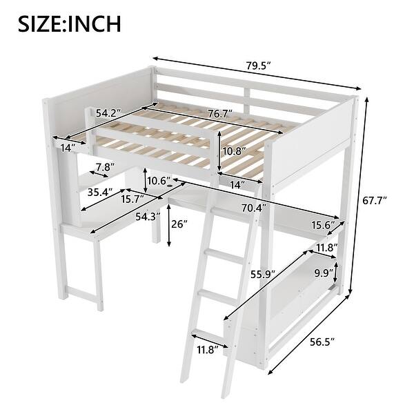 dimension image slide 1 of 2, Full Size Loft Bed with L-shaped Multi-storage Desk, LED light and USB Charging Station, Storage Bench with 2 Drawers, White