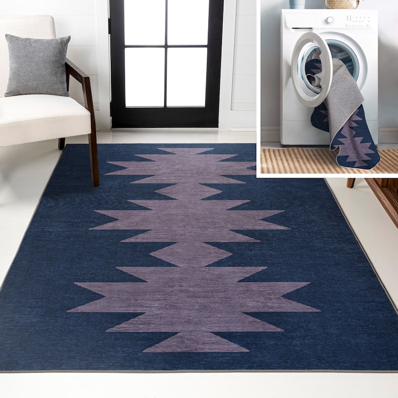 JONATHAN Y Adriel Solid Low-Pile Machine Washable Area Rug - 2 X 8 - Navy/Purple