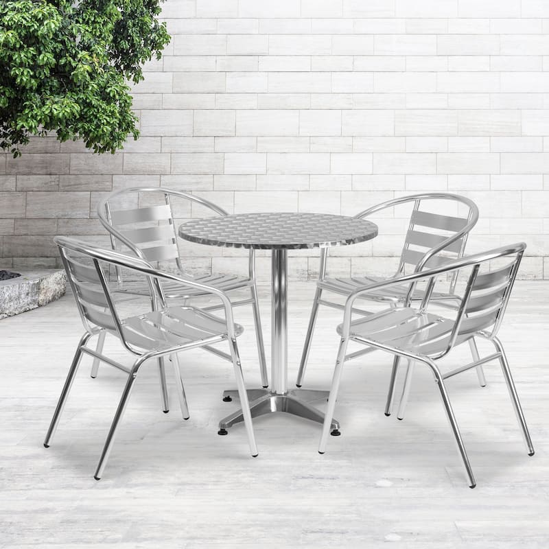 27.5" Round Aluminum Indoor-Outdoor Table Set with 4 Slat Back Chairs - Aluminum