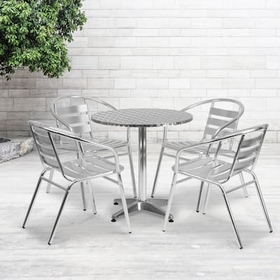 27.5" Round Aluminum Indoor-Outdoor Table Set with 4 Slat Back Chairs