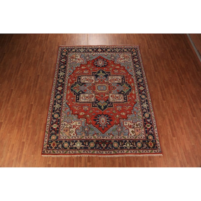 Orange Medallion Heriz Serapi Indian Rug Hand-Knotted Wool Carpet - 8'11"x 11'7"