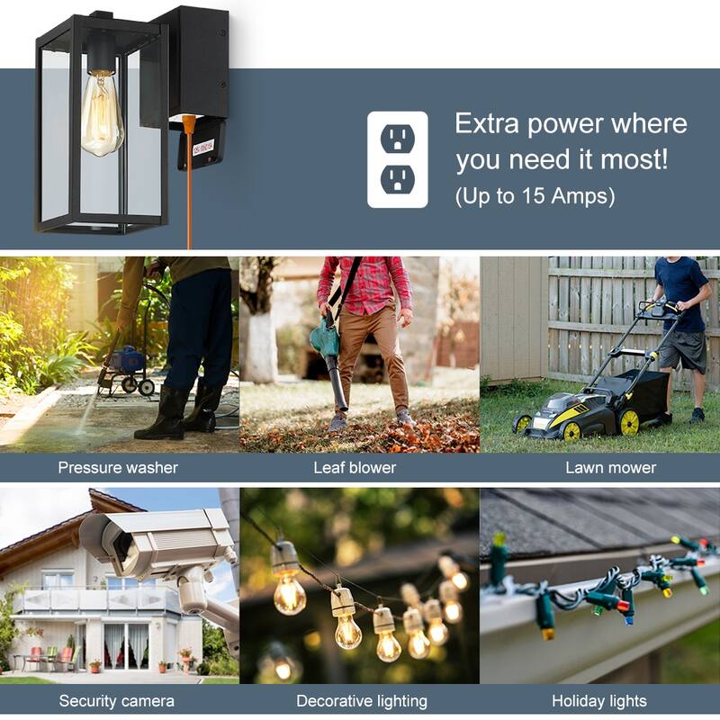 1-Light Black Outdoor Wall Sconce Light with Built-In GFCI Outlets-12"H x 5.3"W x 9"E - 12"H