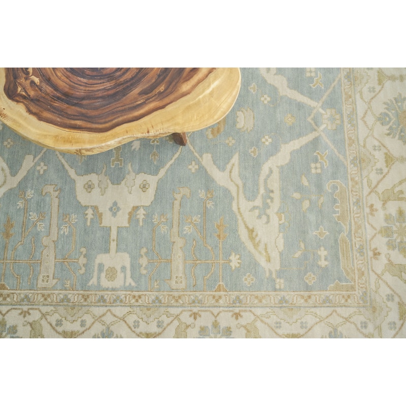 EXQUISITE RUGS Antique Weave Oushak Hand-knotted New Zealand Wool Blue/Ivory Area Rug.