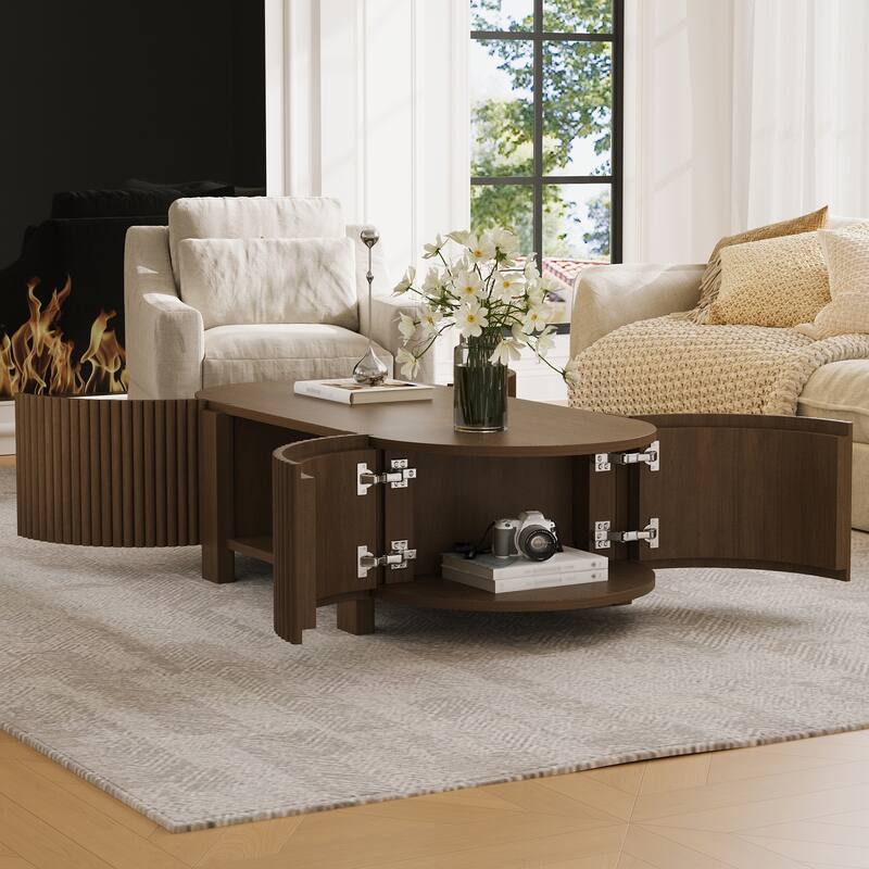 47" Coffee Table for Living Room, Wood Center Table, Tea Table, Storage Table with Sliding Doors, Modern Oval End Table