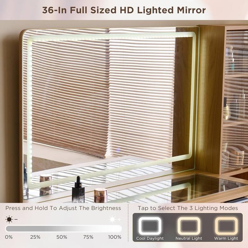 Fluted Makeup Vanity Desk with LED Lights & Outlet, 5 Drawers, 3 Light Modes