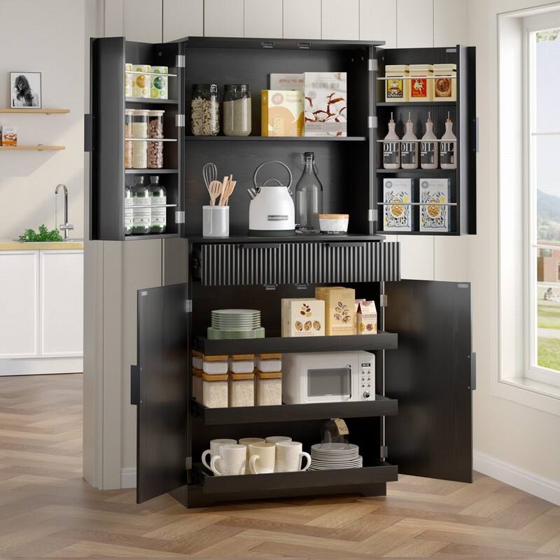 72" Fluted Kitchen Pantry Cabinet, Freestanding Cupboard Storage Cabinet with Drawers and Adjustable Shelves