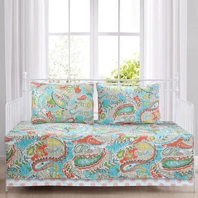Paisley Floral Turquoise Blue Coral Yellow Grey Green Microfiber Reversible DayBed Quilted Bedding Set
