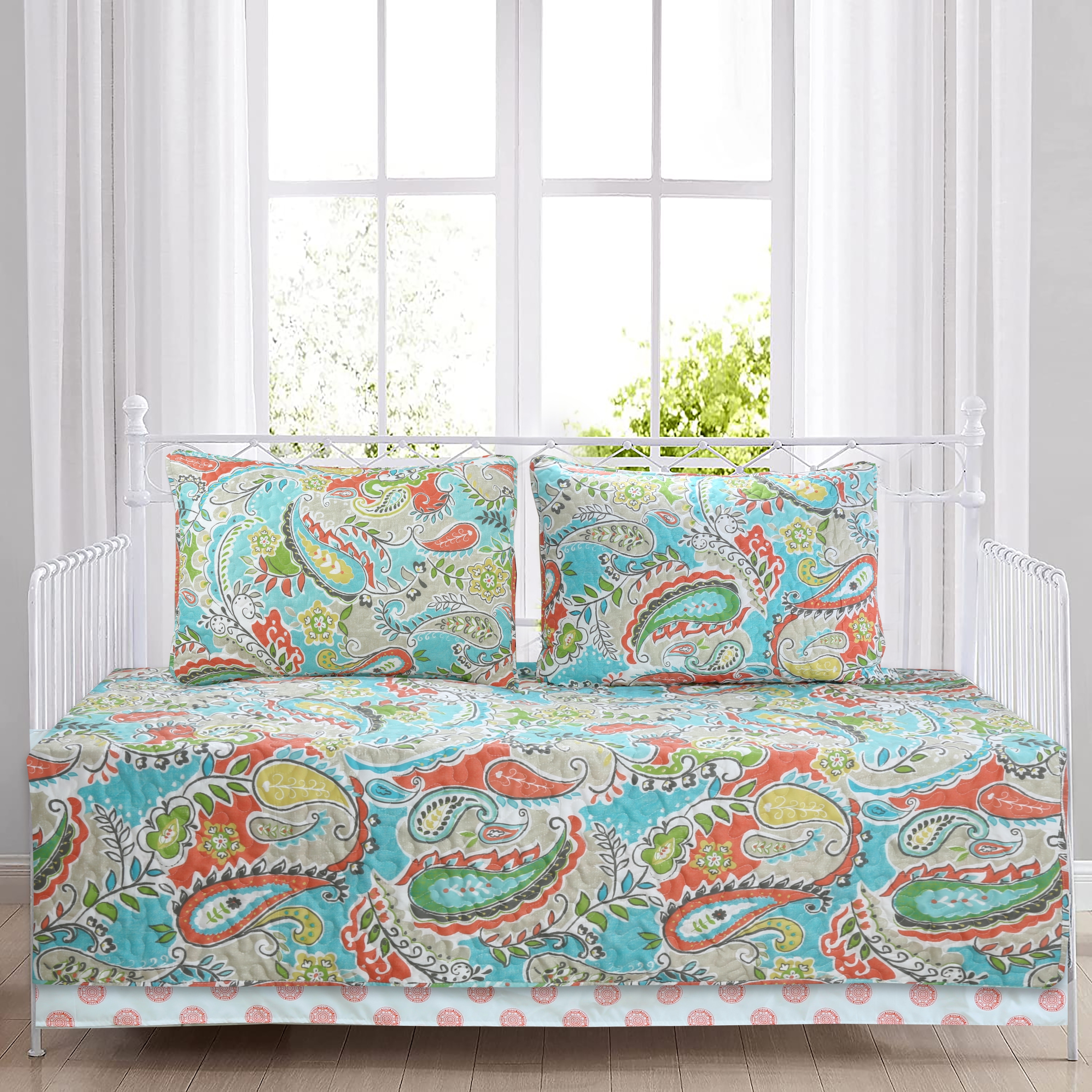 Paisley Floral Turquoise Blue Coral Yellow Grey Green Microfiber Reversible DayBed Quilted Bedding Set