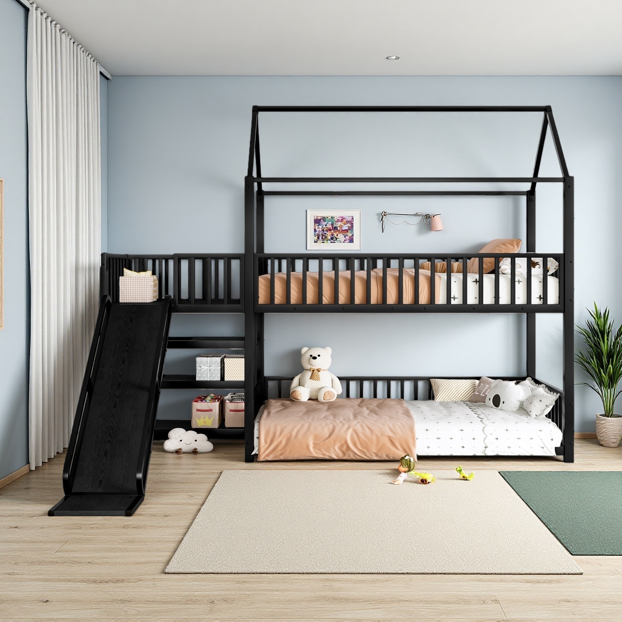 Twin Metal House Bunk Bed with Storage Stairs, Slide & Safety Rails, Space-Saving Bunk Bed for Kids