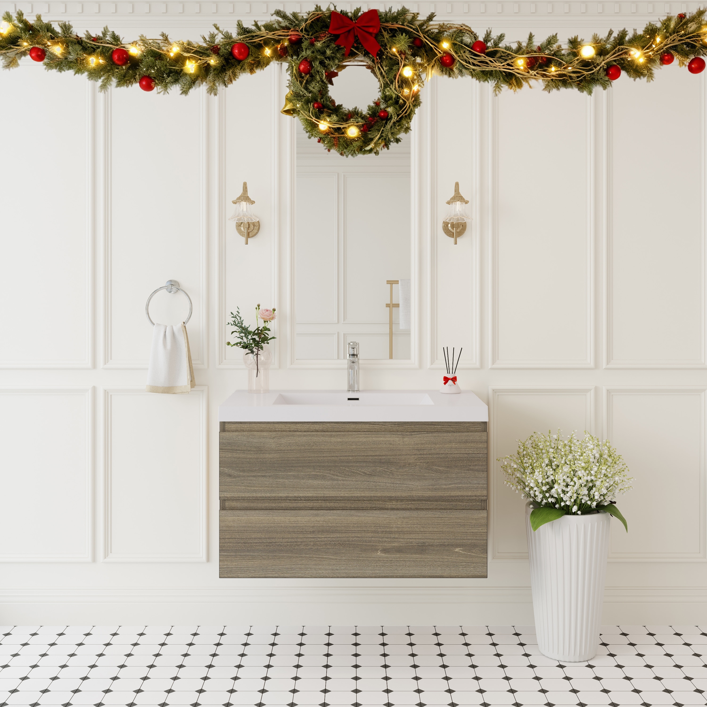 36" Floating Bathroom Vanity with Sink, Modern Wall-Mounted Bathroom Storage Vanity Cabinet with Solid Surface Top Basin