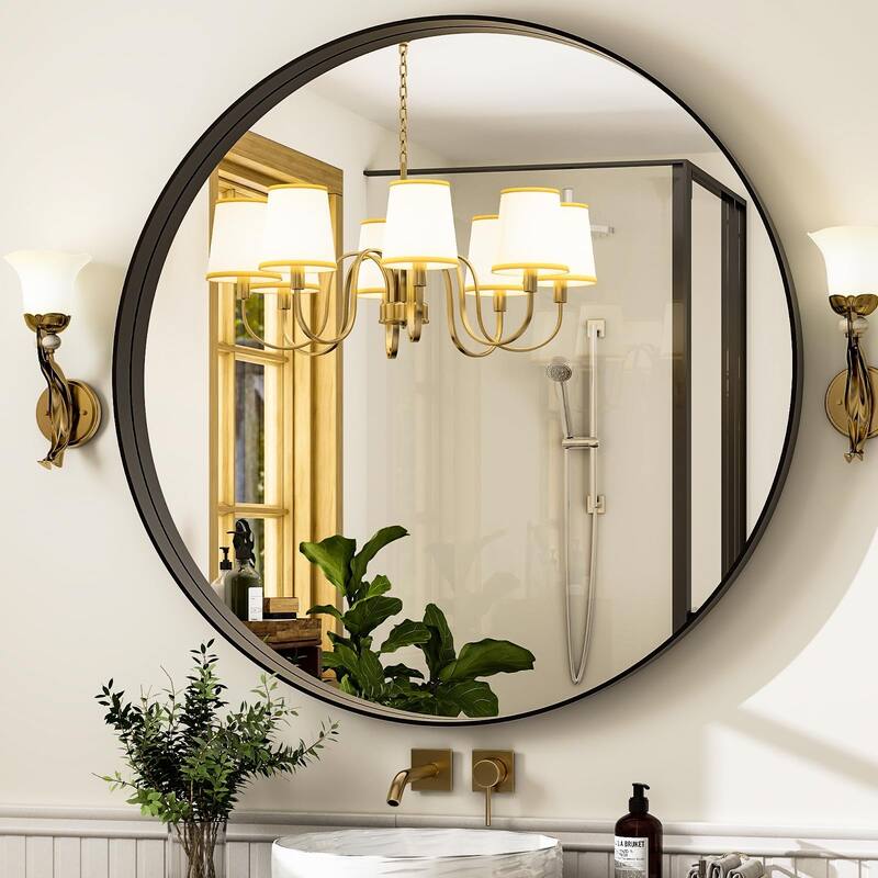 24 Inch Round Bathroom Mirror - Wall Mounted Circle Mirror with Metal Frame, Modern Mirror Suitable for Bathroom, Vanity - Black