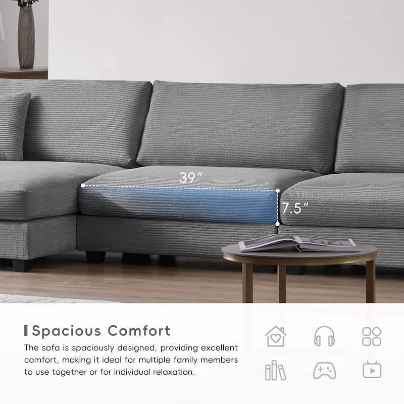Oversized Corduroy Sectional Sofa,L Shaped Cloud Couch with USB Charging Port,Cup Holder,Deep Seat Sofa Bed with 50" Chaise
