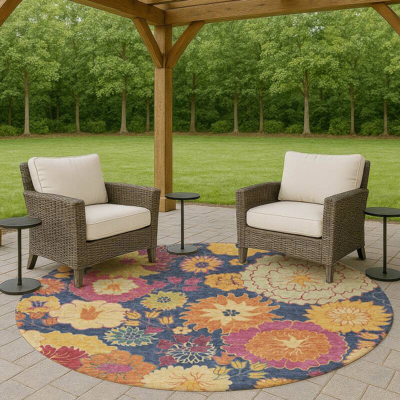 Machine Washable Indoor/ Outdoor Modern Floral Chantille Rug - Navy - 8' x 8'