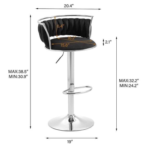 dimension image slide 2 of 24, Velvet Upholstered Adjustable Bar Stool Swivel Counter Chair Set of 2