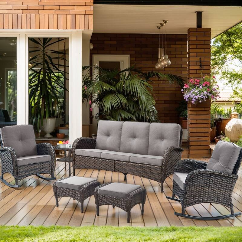 6 Pieces Rocker Chairs Patio Sofa with Table Ottomans