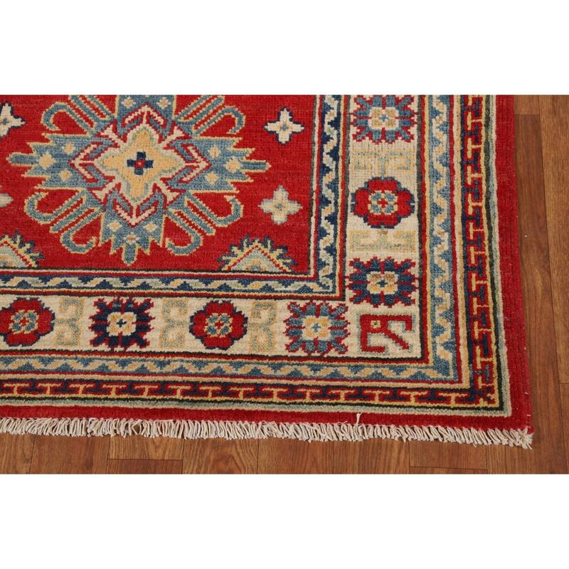 Red Kazak Foyer Rug Hand-Knotted Geometric Wool Carpet - 3'0"x 4'0"