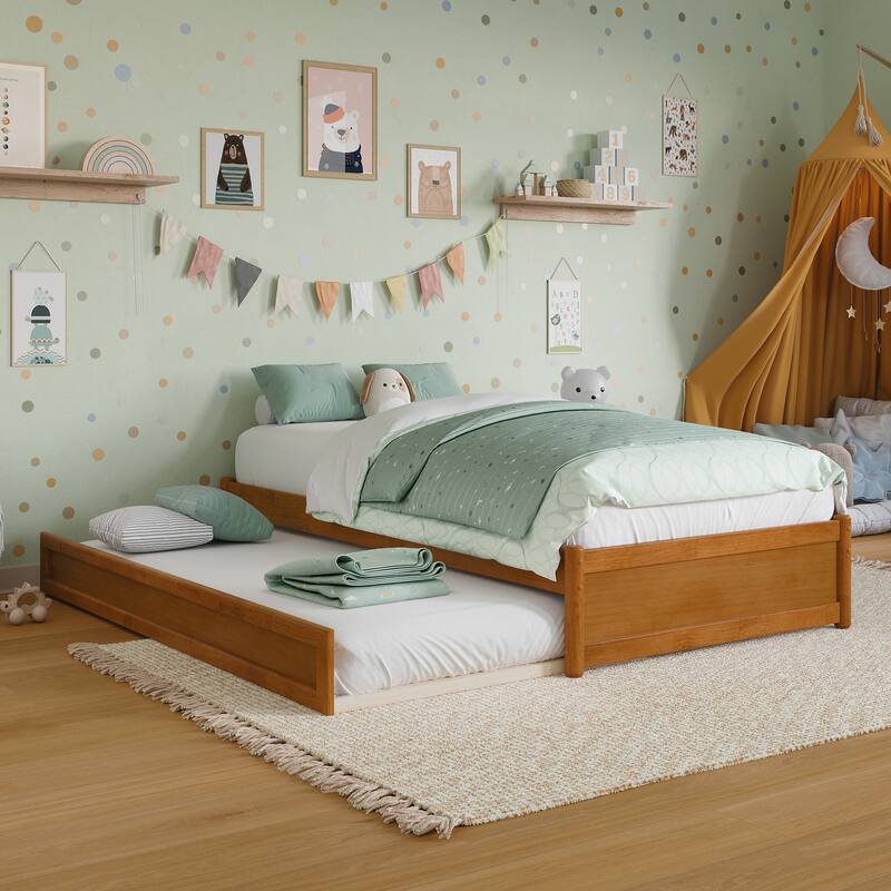 Barcelona Panel Platform Bed with Twin Trundle - Light Toffee - Twin