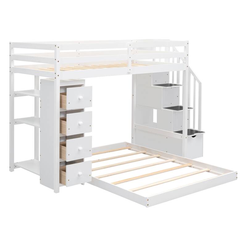 Space-Saving Twin Over Full Bunk Bed with Shelves, Drawers, and Storage Stairs in White