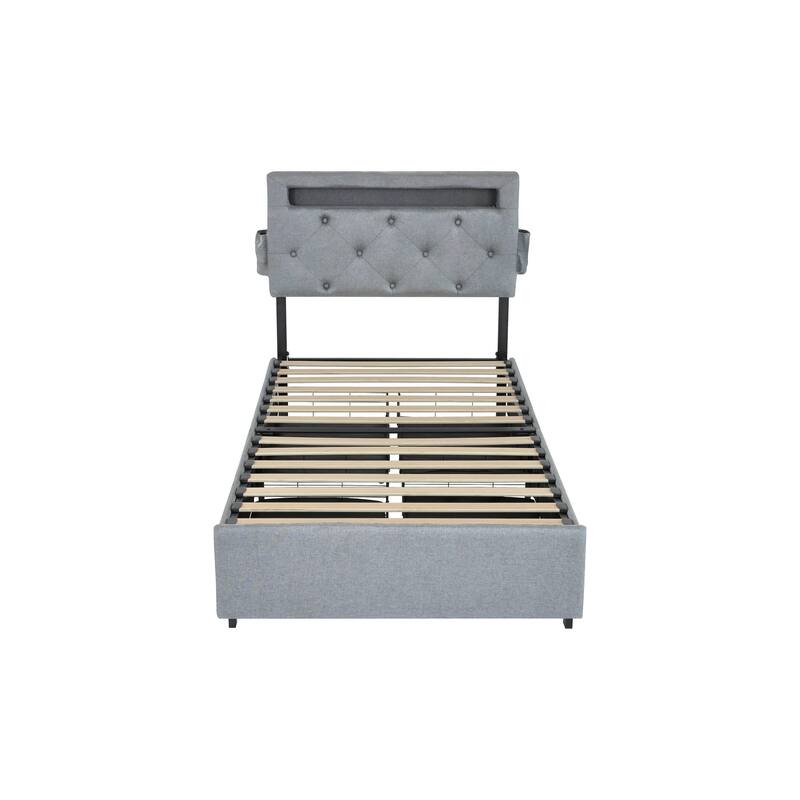 Queen/Full/Twin Size Wings Headboard Design Bed Frame with LED, 4 Under-bed Portable Storage Drawers