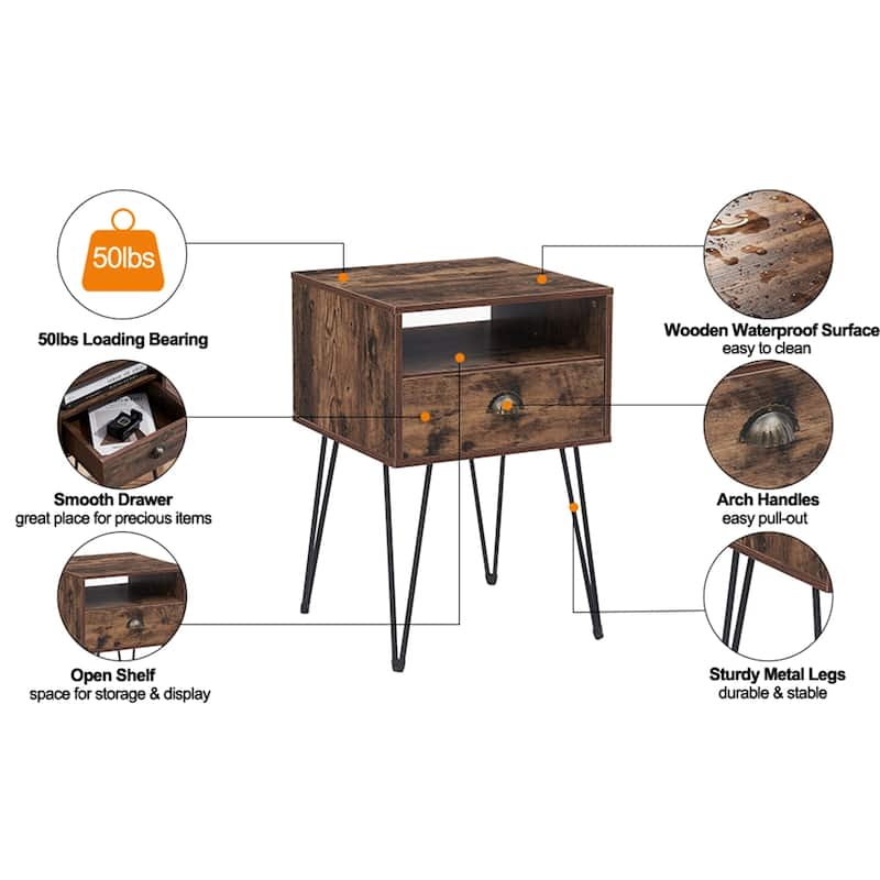 Javlergo Set of 2 Nightstand with Open Compartment & Drawer V-Shaped Metal Legs for Bedroom Living Room