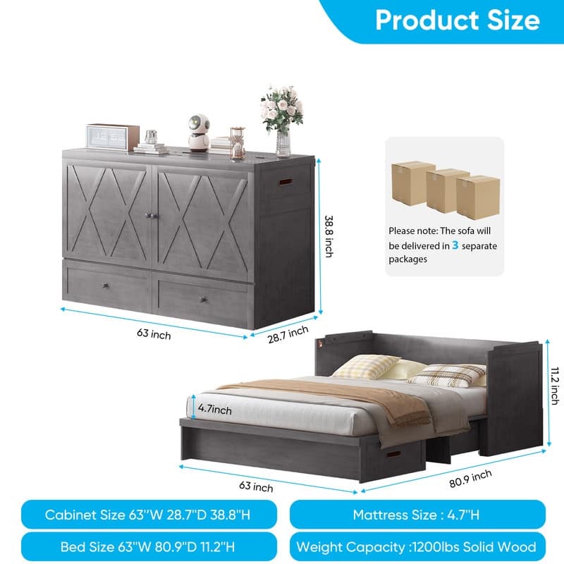 Mixoy Queen Size Murphy Bed with Charging Station & Storage Drawer,Space-Saving Design,Optional Mattress