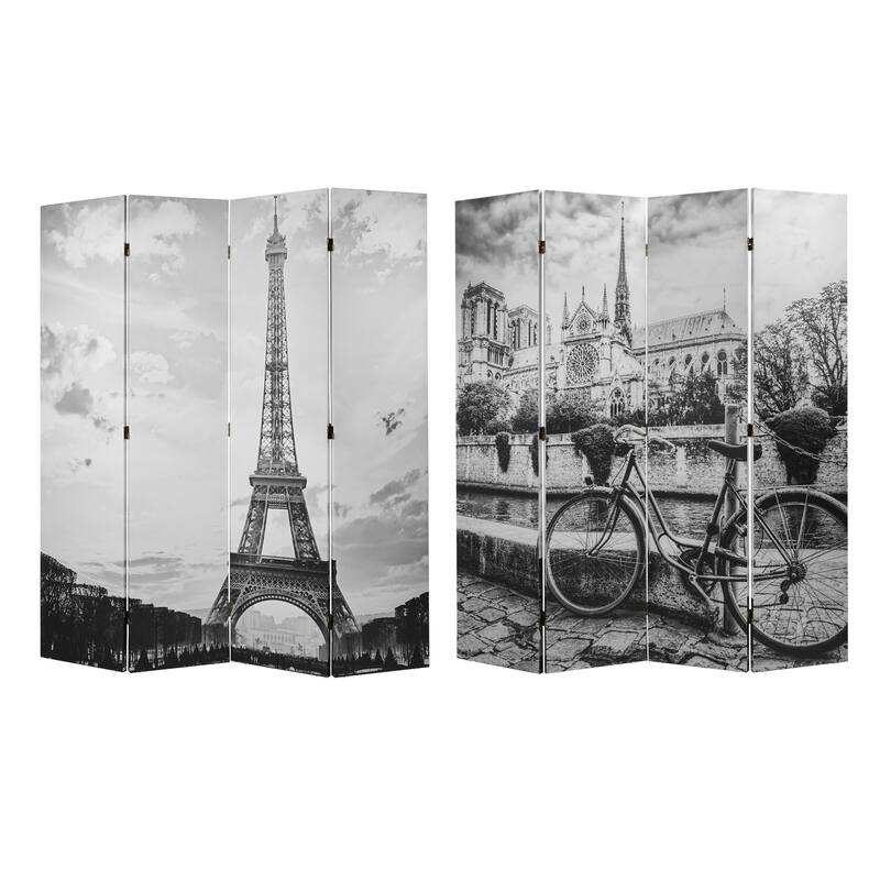 American Art Decor Double-Sided Canvas Room Divider, 4 Panels, 70" H x 63" L - Eiffel Tower & Notre Dame