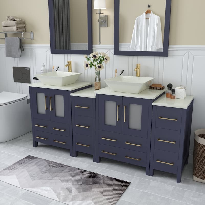 Vanity Art 72" Double Sink Bathroom Vanity Set with Engineered Marble Top and Free Mirror - 72 W X 18.5 D X 31.1 H