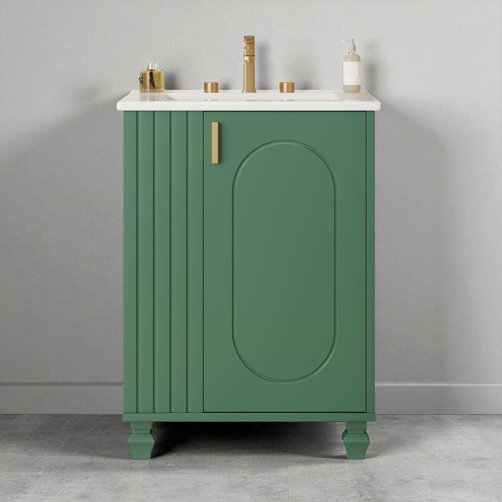 24" Bathroom Vanity with Ceramic Sink, Pine Wood Frame, Soft-Close Door & Side Open Storage