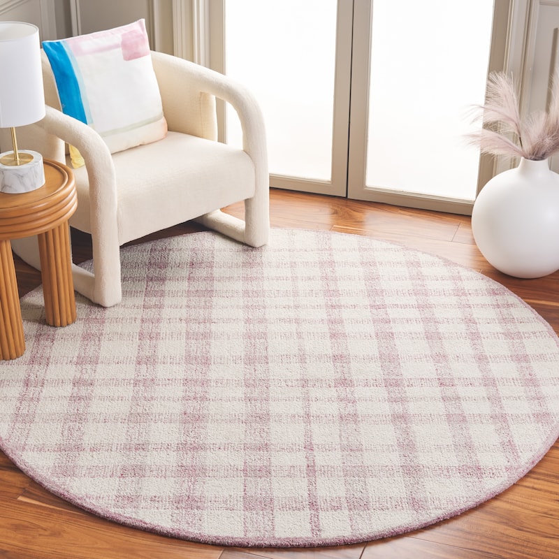 SAFAVIEH Handmade Abstract Zilia Checkered Wool Rug - 6' Round - Ivory/Pink - Round