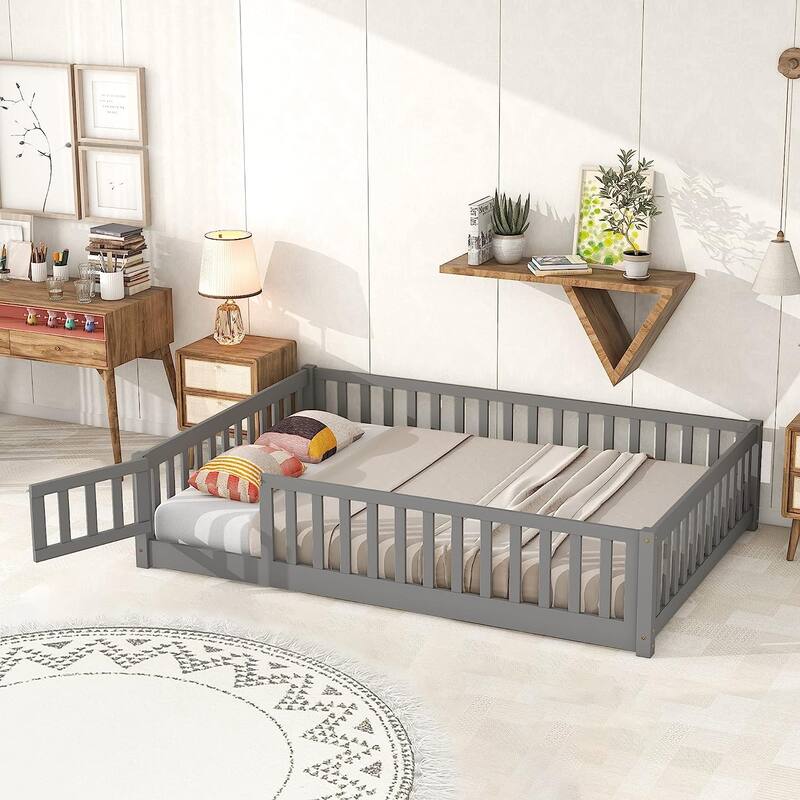 Twin/Full/Queen Size Floor Bed with Safety Guardrails, Toddler Floor Bed for Girls and Boys